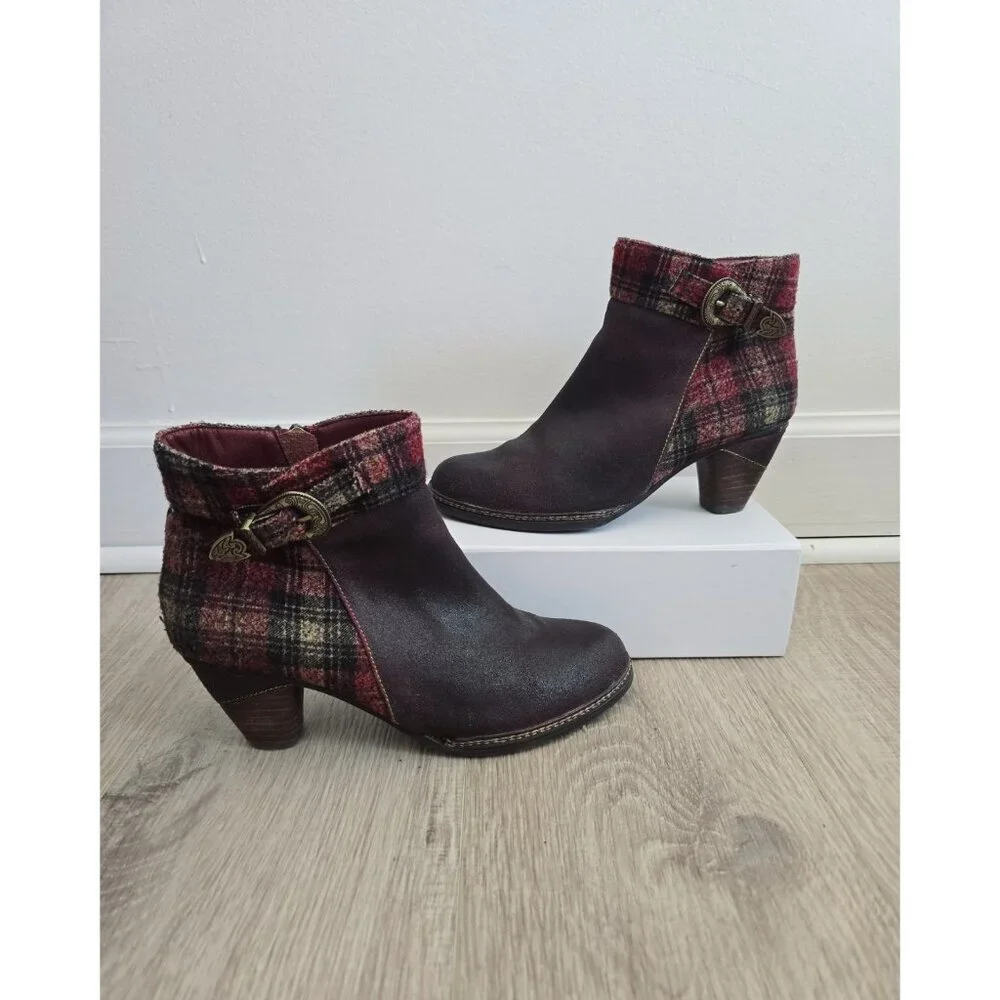 L'artiste Spring Step Scottala Burgundy Red Leather Zip Plaid Ankle Boots 39 8.5